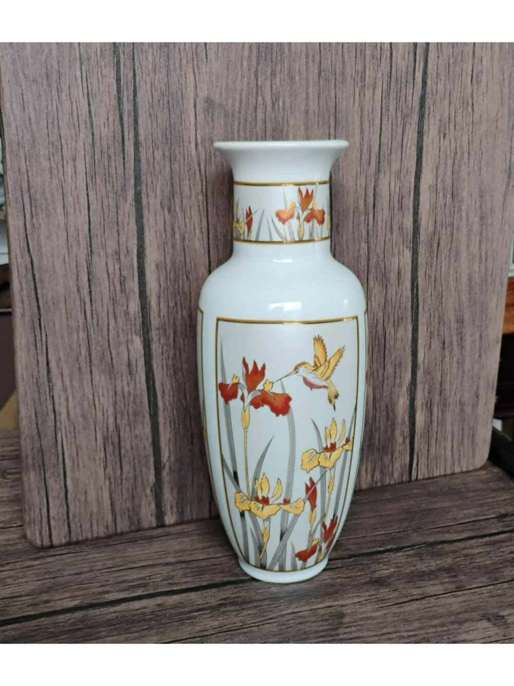Chokin Art Japan Porcelain Vase 11" Hummingbird Iris Flower 1987 Chinoiserie